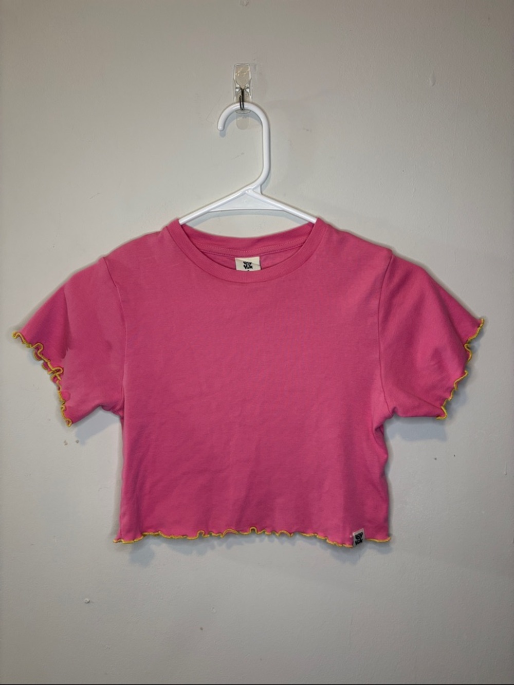 Lucy & Yak Greta Crop Top Bubblegum Pink Yellow Lettuce Hem Ruffle Contrast Trim